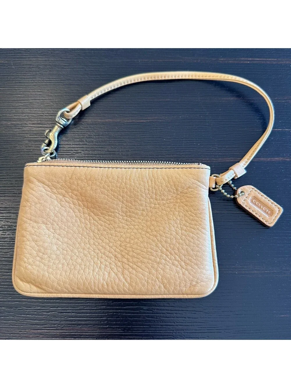 Vintage Coach Leather Zip Pouch Wristlet Tan Color With Logo Lining VGC